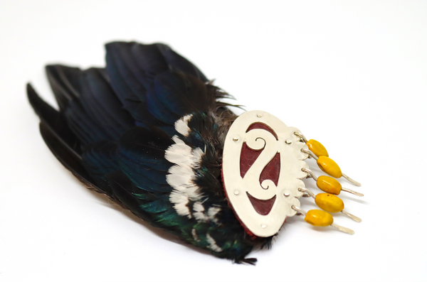 Brooch (Tui Wing, Sterling Silver, Leather, Kōwhai Seed)