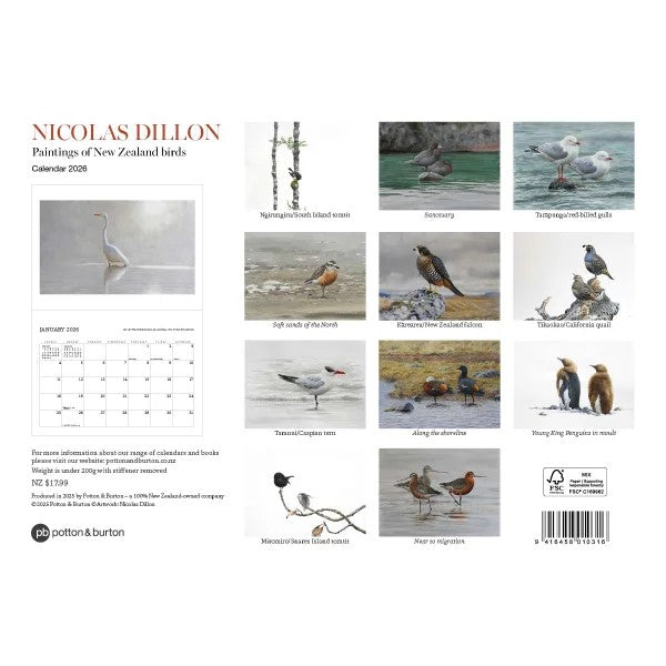 Nicolas Dillon Paintings of New Zealand Birds Calendar 2026