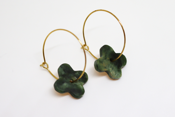 Reversible Gold Backed Four Leaf Clover Earrings on Hoops