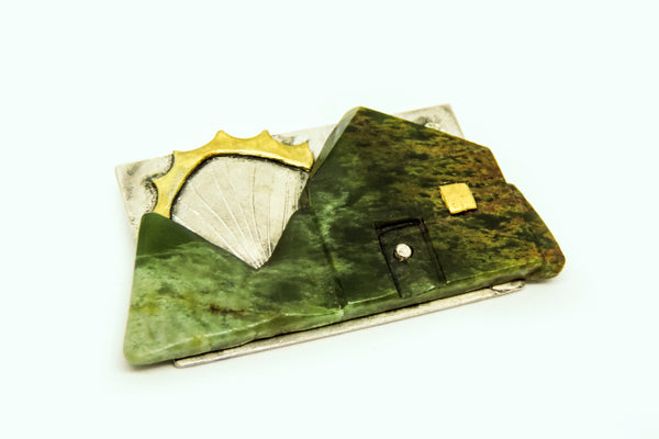 Jade, 24ct Gold and Stirling Silver Brooch
