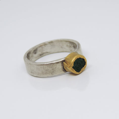 Untreated Raw Emerald, 24ct Gold, Sterling Silver Ring