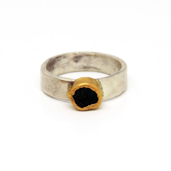 Untreated Raw Emerald, 24ct Gold, Sterling Silver Ring