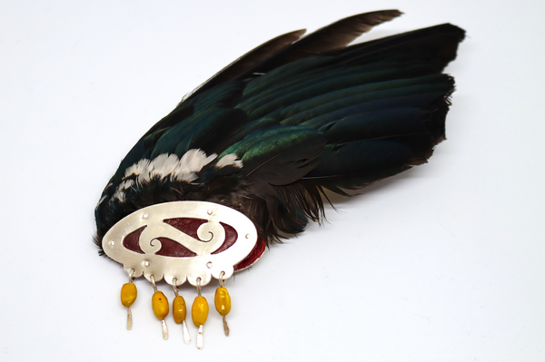 Brooch (Tui Wing, Sterling Silver, Leather, Kōwhai Seed)